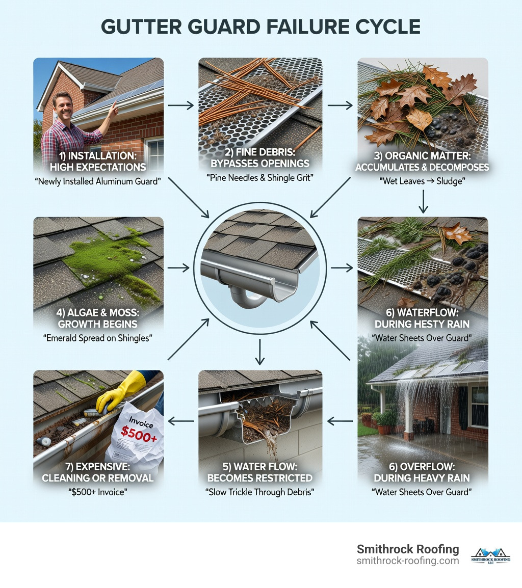 Infographic showing the Gutter Guard Failure Cycle: 1) Installation with high expectations, 2) Fine debris bypasses guard openings, 3) Organic matter accumulates and decomposes, 4) Algae and moss growth begins, 5) Water flow becomes restricted, 6) Overflow occurs during rain, 7) Expensive cleaning or removal required - why gutter guards are bad infographic 