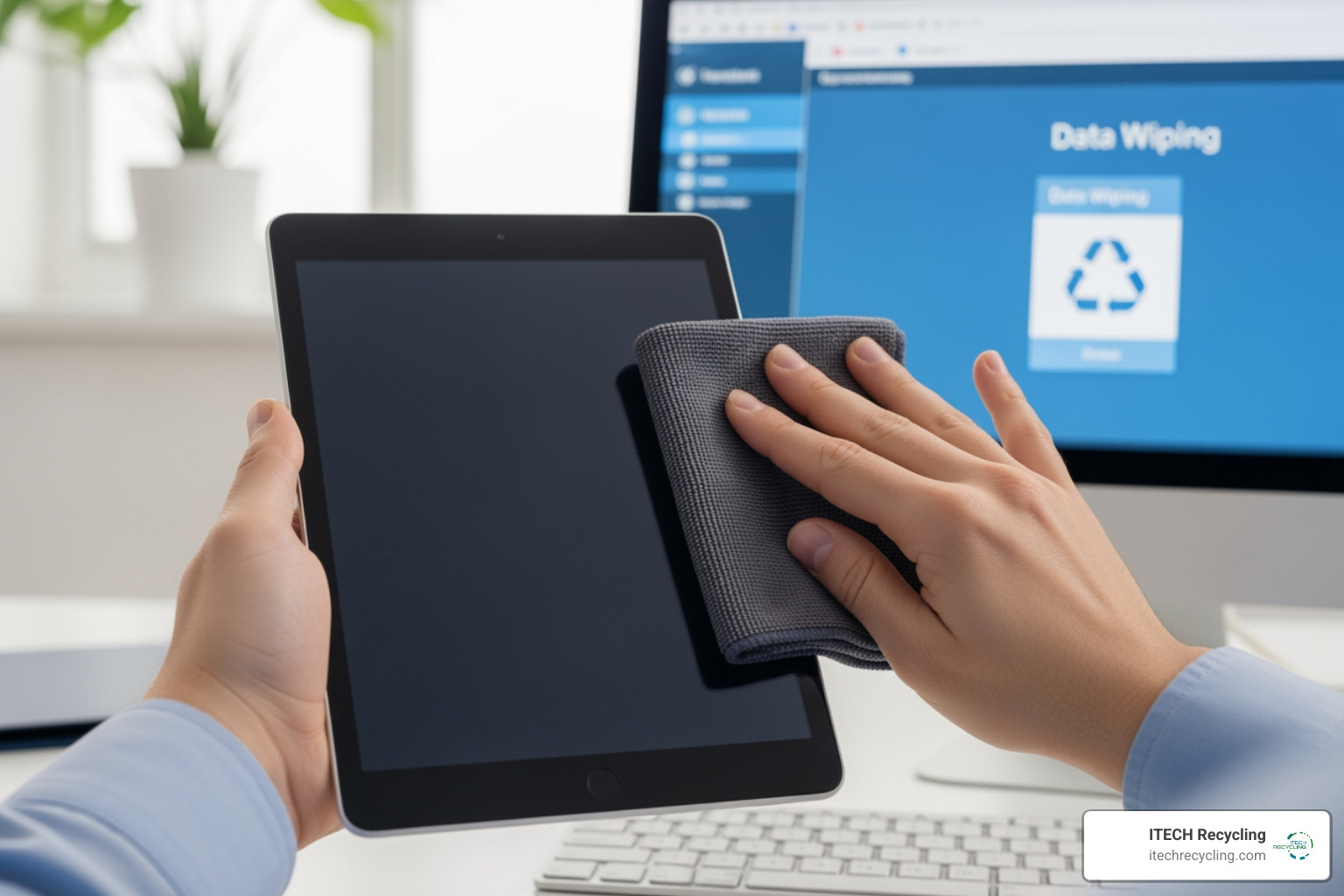 A person using a microfiber cloth and software to wipe a tablet before recycling - responsible e-waste disposal