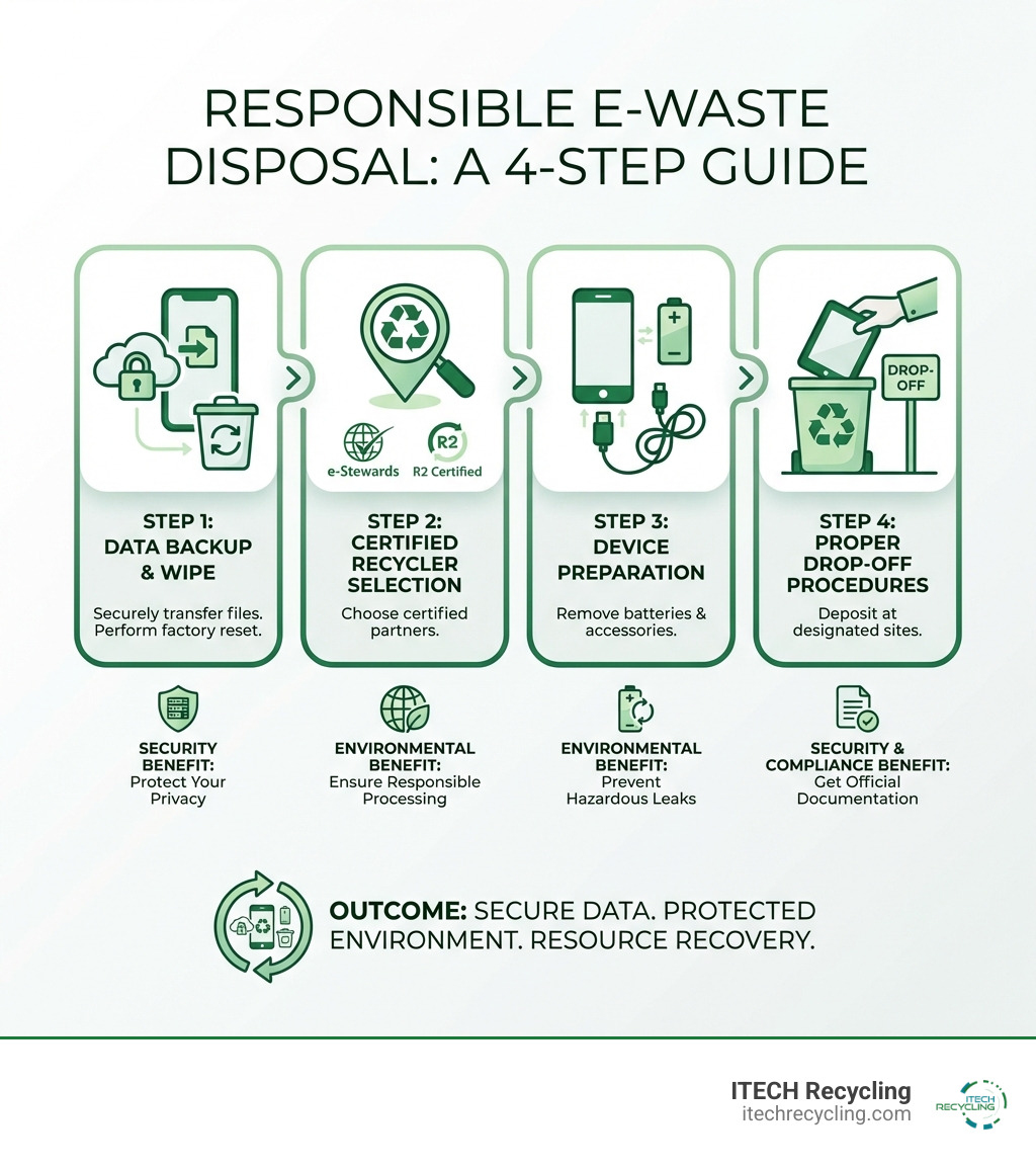 Step-by-step process for responsible e-waste disposal showing data backup, certified recycler selection, device preparation, and proper drop-off procedures with environmental and security benefits highlighted - responsible e-waste disposal infographic 