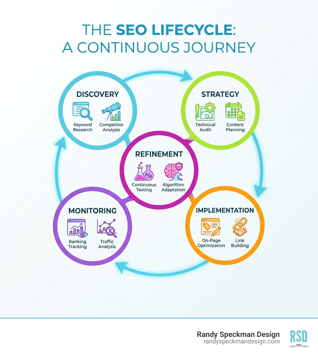 Infographic showing the SEO lifecycle: Discovery (keyword research and competitor analysis)  Strategy (technical audit and content planning)  Implementation (on-page optimization and link building)  Monitoring (ranking tracking and traffic analysis)  Refinement (continuous testing and algorithm adaptation) - SEO services company infographic 