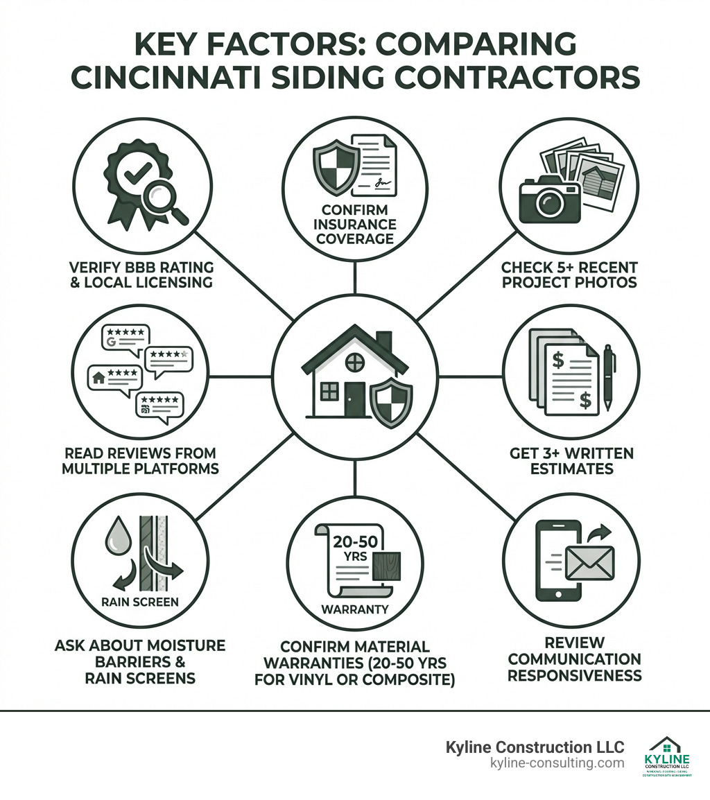 Infographic showing key factors when comparing Cincinnati siding contractors: verify BBB rating and local licensing, confirm insurance coverage, check 5+ recent project photos, read customer reviews from multiple platforms, get 3+ written estimates, ask about moisture barriers and rain screens, confirm material warranties 20-50 years for vinyl or composite, review communication responsiveness - siding contractor cincinnati oh infographic 