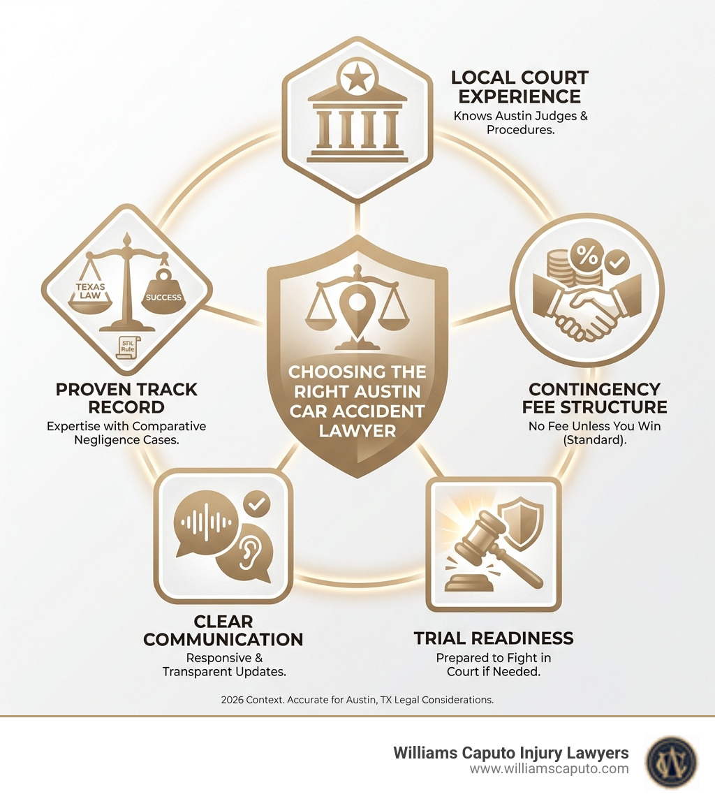 Infographic showing 5 key factors when choosing an Austin car accident lawyer: local court experience, contingency fee structure, trial readiness, clear communication, and proven track record with Texas comparative negligence cases - car accident lawyer Austin infographic 