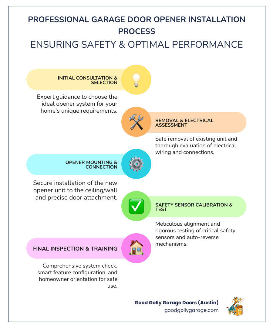 Infographic showing the professional garage door opener installation process: initial consultation and system selection, removal of old opener if applicable, electrical wiring assessment and updates, mounting of new opener unit to ceiling or wall, connection to garage door with proper weight balance, safety sensor alignment and testing, smart feature configuration and pairing, final inspection and homeowner training, warranty registration and maintenance schedule - Garage Door Opener Installation Round Rock infographic infographic-line-5-steps-colors Infographic showing the professional garage door opener installation process: initial consultation and system selection, removal of old opener if applicable, electrical wiring assessment and updates, mounting of new opener unit to ceiling or wall, connection to garage door with proper weight balance, safety sensor alignment and testing, smart feature configuration and pairing, final inspection and homeowner training, warranty registration and maintenance schedule - Garage Door Opener Installation Round Rock infographic infographic-line-5-steps-colors