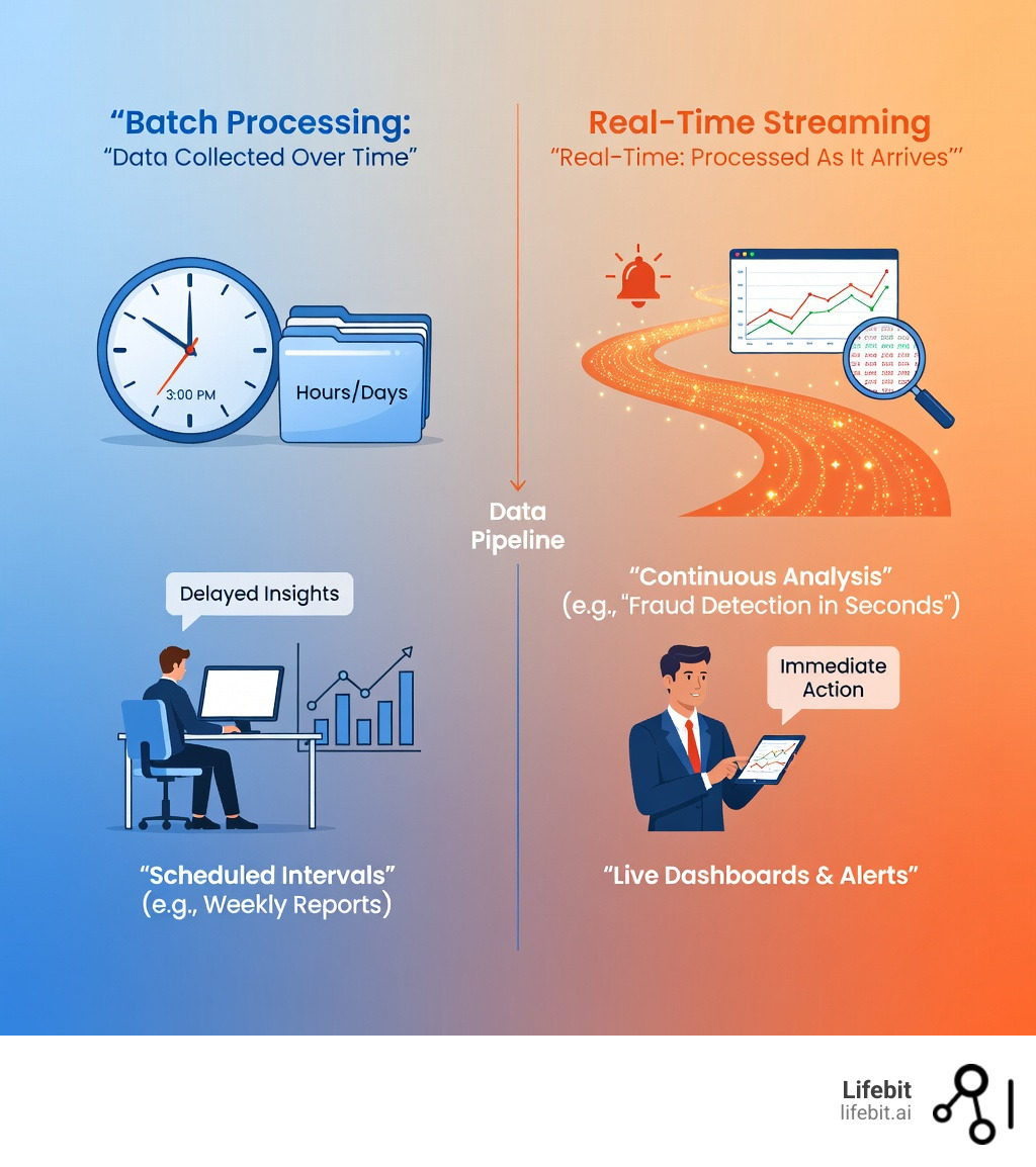Infographic comparing batch processing vs real-time streaming analytics: Batch processing shows data collected over hours/days, processed in scheduled intervals, with delayed insights; Real-time streaming shows data processed as it arrives in seconds, with continuous analysis, live dashboards, and immediate alerts for fraud detection, patient monitoring, and operational efficiency - Real-time analytics platform infographic 