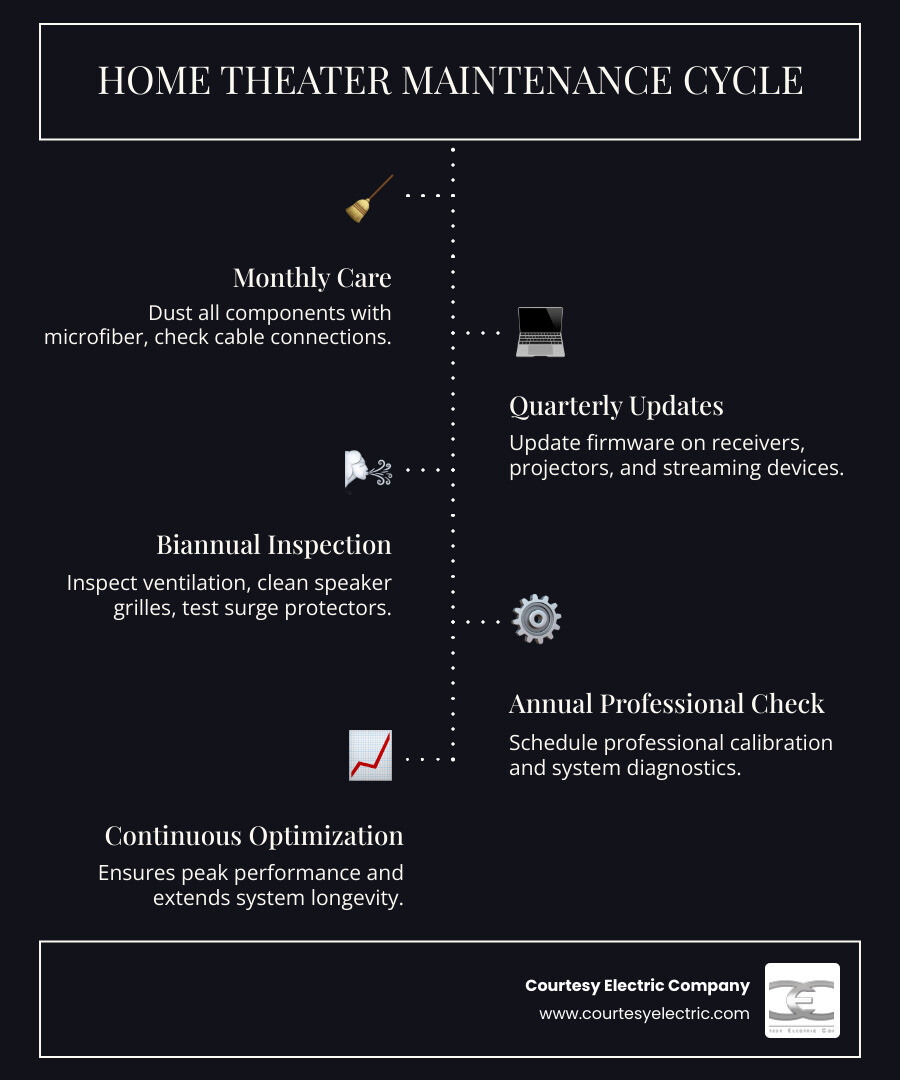 Infographic showing the home theater maintenance cycle: Monthly cleaning and inspection, Quarterly software updates and connectivity checks, Biannual ventilation and cable management review, Annual professional calibration and system diagnostics, leading back to Monthly tasks for continuous performance optimization - home theaters maintenance in centennial, co infographic infographic-line-5-steps-dark