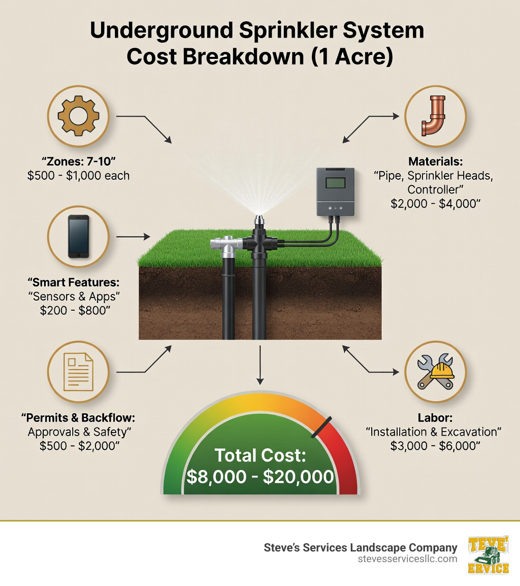 Infographic showing the cost breakdown of a one-acre underground sprinkler system including zones (7-10 at $500-1,000 each), materials (pipe, heads, controllers totaling $2,000-4,000), labor ($3,000-6,000), permits and backflow prevention ($500-2,000), and optional smart features ($200-800), with total range of $8,000-20,000 - how much does underground sprinkler system cost per acre infographic 