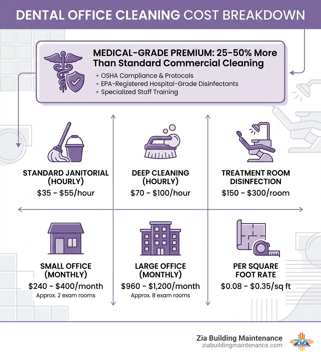 Infographic showing the breakdown of dental office cleaning costs by service type, including standard janitorial services at $35-55/hour, deep cleaning at $70-100/hour, monthly costs for small offices at $240-400 and large offices at $960-1200, treatment room disinfection at $150-300 per room, and per square foot rates at $0.08-0.35, with callouts explaining the 25-50% premium for medical-grade cleaning due to OSHA compliance, EPA-registered disinfectants, and specialized training requirements - dental office cleaning services cost infographic Infographic showing the breakdown of dental office cleaning costs by service type, including standard janitorial services at $35-55/hour, deep cleaning at $70-100/hour, monthly costs for small offices at $240-400 and large offices at $960-1200, treatment room disinfection at $150-300 per room, and per square foot rates at $0.08-0.35, with callouts explaining the 25-50% premium for medical-grade cleaning due to OSHA compliance, EPA-registered disinfectants, and specialized training requirements - dental office cleaning services cost infographic