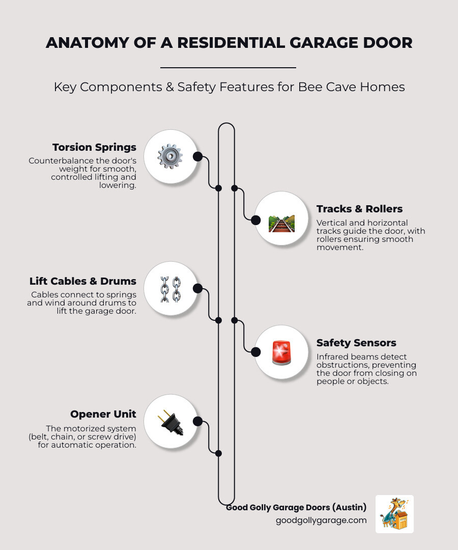 Infographic showing the anatomy of a residential garage door system including torsion springs mounted above the door opening, vertical tracks on either side, horizontal tracks along the ceiling, cable drums and lift cables, rollers within the tracks, hinges connecting door sections, weatherstripping along the bottom seal, safety sensors at ground level on both sides of the door opening, and an opener unit mounted to the ceiling with a belt or chain drive mechanism connecting to the door - Garage Door Services Bee Caves infographic infographic-line-5-steps-elegant_beige