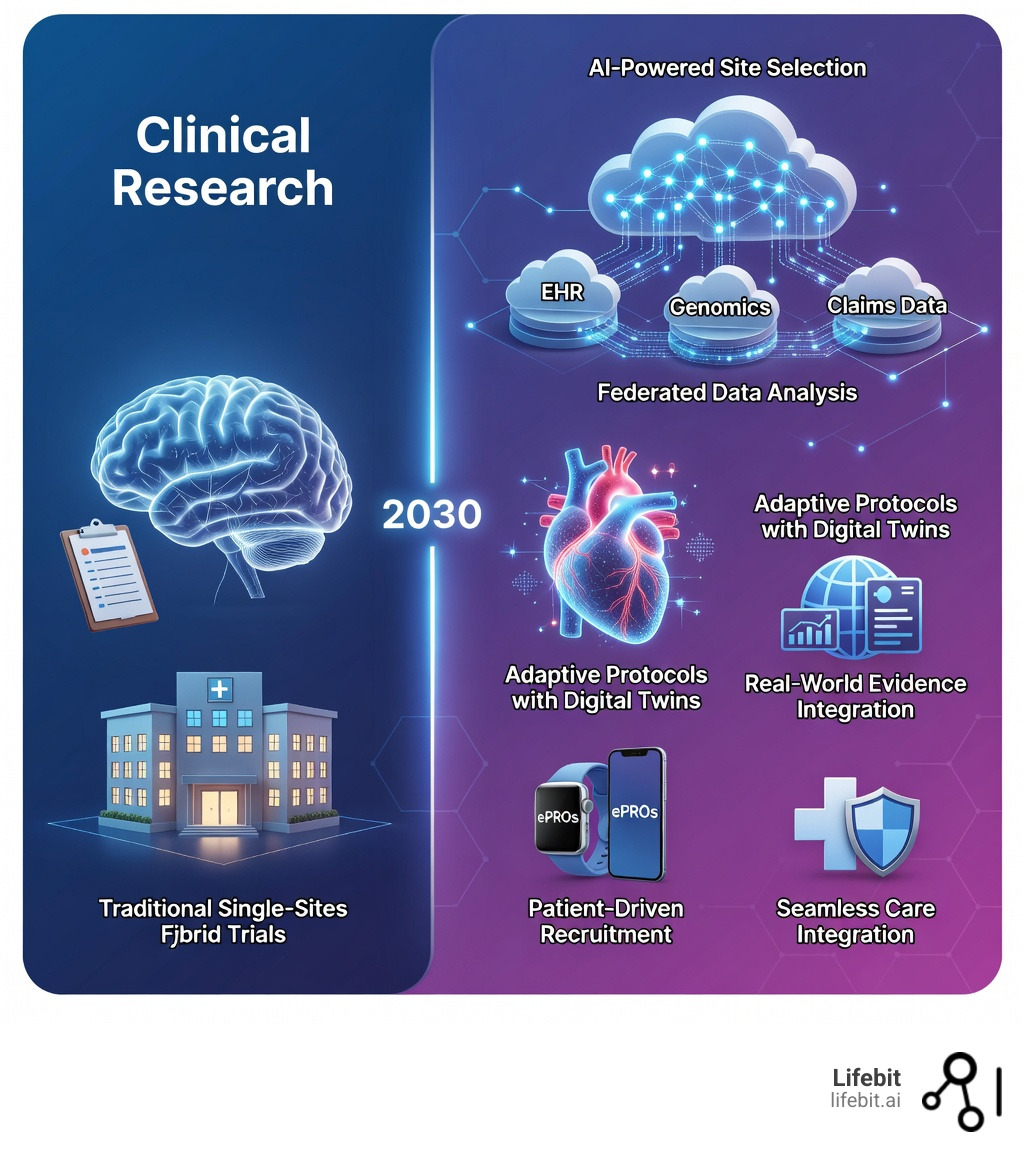 Infographic showing the transformation of clinical research by 2030: traditional single-site trials evolving to decentralized hybrid models with AI-powered site selection, federated data analysis across siloed EHR and genomics datasets, real-world evidence integration, adaptive protocols with digital twins, patient-driven recruitment through wearables and ePROs, and seamless care integration powered by secure federated platforms like Lifebit - future trends in clinical research infographic Infographic showing the transformation of clinical research by 2030: traditional single-site trials evolving to decentralized hybrid models with AI-powered site selection, federated data analysis across siloed EHR and genomics datasets, real-world evidence integration, adaptive protocols with digital twins, patient-driven recruitment through wearables and ePROs, and seamless care integration powered by secure federated platforms like Lifebit - future trends in clinical research infographic