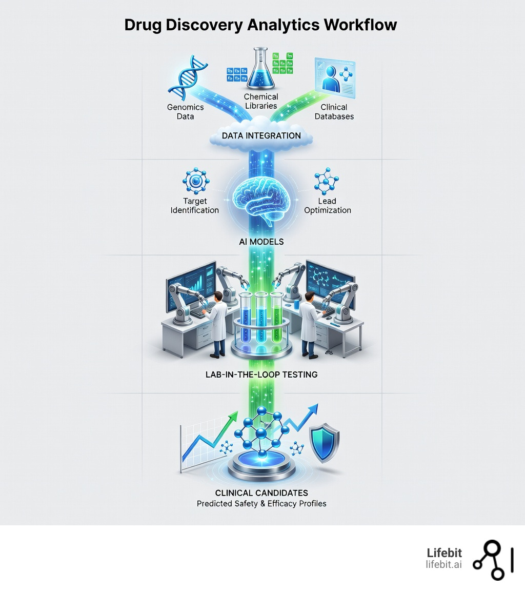 Infographic showing the drug discovery analytics workflow: data integration from multiple sources (genomics, chemical libraries, clinical databases) flowing into AI models for target identification and lead optimization, then validation through lab-in-the-loop testing, finally producing clinical candidates with predicted safety and efficacy profiles - Drug discovery analytics infographic 