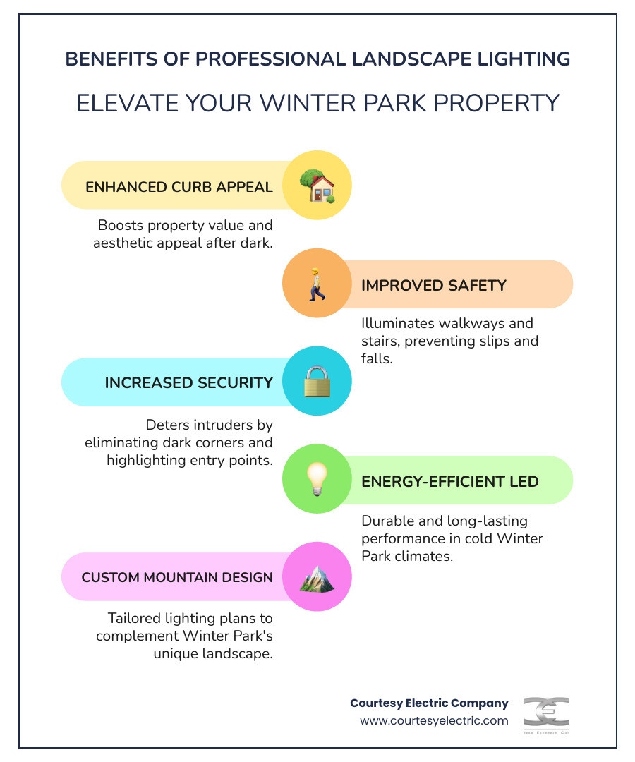 Infographic showing the key benefits of professional landscape lighting: enhanced curb appeal and property value, improved safety on walkways and stairs, increased security through strategic illumination, energy-efficient LED technology for cold climates, and custom designs tailored to Winter Park's mountain environment - best landscape lighting services in winter park, co infographic infographic-line-5-steps-colors