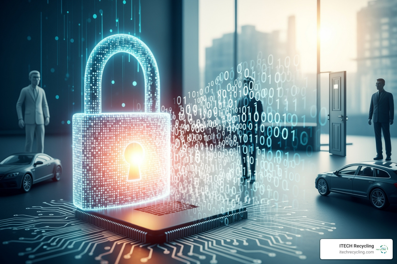 A digital data breach concept showing a padlock over a circuit board with binary code leaking out, illustrating the vulnerability of stored data - hard disk disposal service