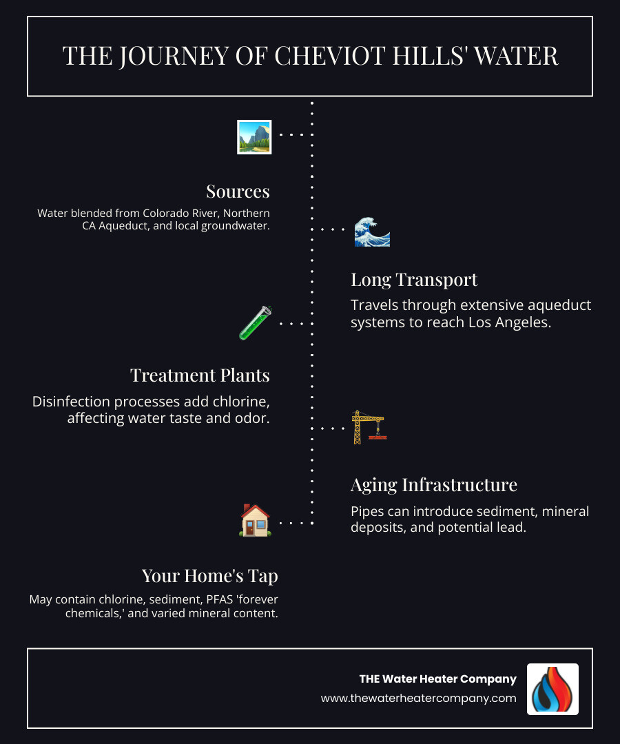 Infographic showing the path of Los Angeles water from the Colorado River and Northern California through the aqueduct system to Cheviot Hills homes, highlighting key treatment stages and common contaminants picked up along the way including chlorine, sediment from aging pipes, PFAS chemicals, and mineral content variations - water filtration & conditioning best in cheviot hills, ca infographic infographic-line-5-steps-dark Infographic showing the path of Los Angeles water from the Colorado River and Northern California through the aqueduct system to Cheviot Hills homes, highlighting key treatment stages and common contaminants picked up along the way including chlorine, sediment from aging pipes, PFAS chemicals, and mineral content variations - water filtration & conditioning best in cheviot hills, ca infographic infographic-line-5-steps-dark