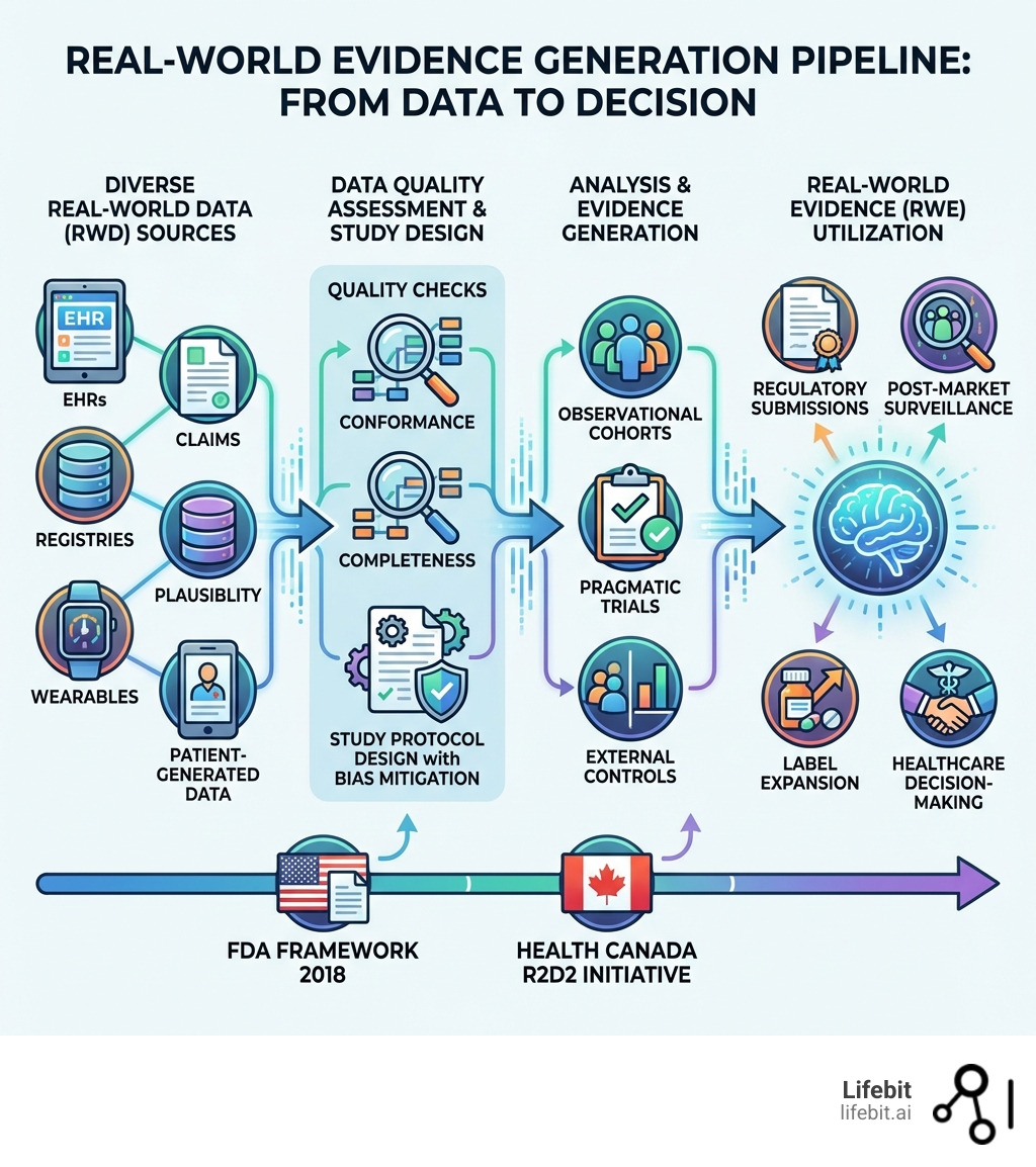 Infographic showing the complete RWE generation pipeline: starting with diverse real-world data sources (EHRs, claims, registries, wearables, patient-generated data) flowing through data quality assessment (conformance, completeness, plausibility checks), then study protocol design with bias mitigation, followed by analysis using various study designs (observational cohorts, pragmatic trials, external controls), and finally generating real-world evidence for regulatory submissions, post-market surveillance, label expansion, and healthcare decision-making. Includes key regulatory touchpoints like FDA Framework 2018 and Health Canada R2D2 initiative. - Real world evidence generation infographic 