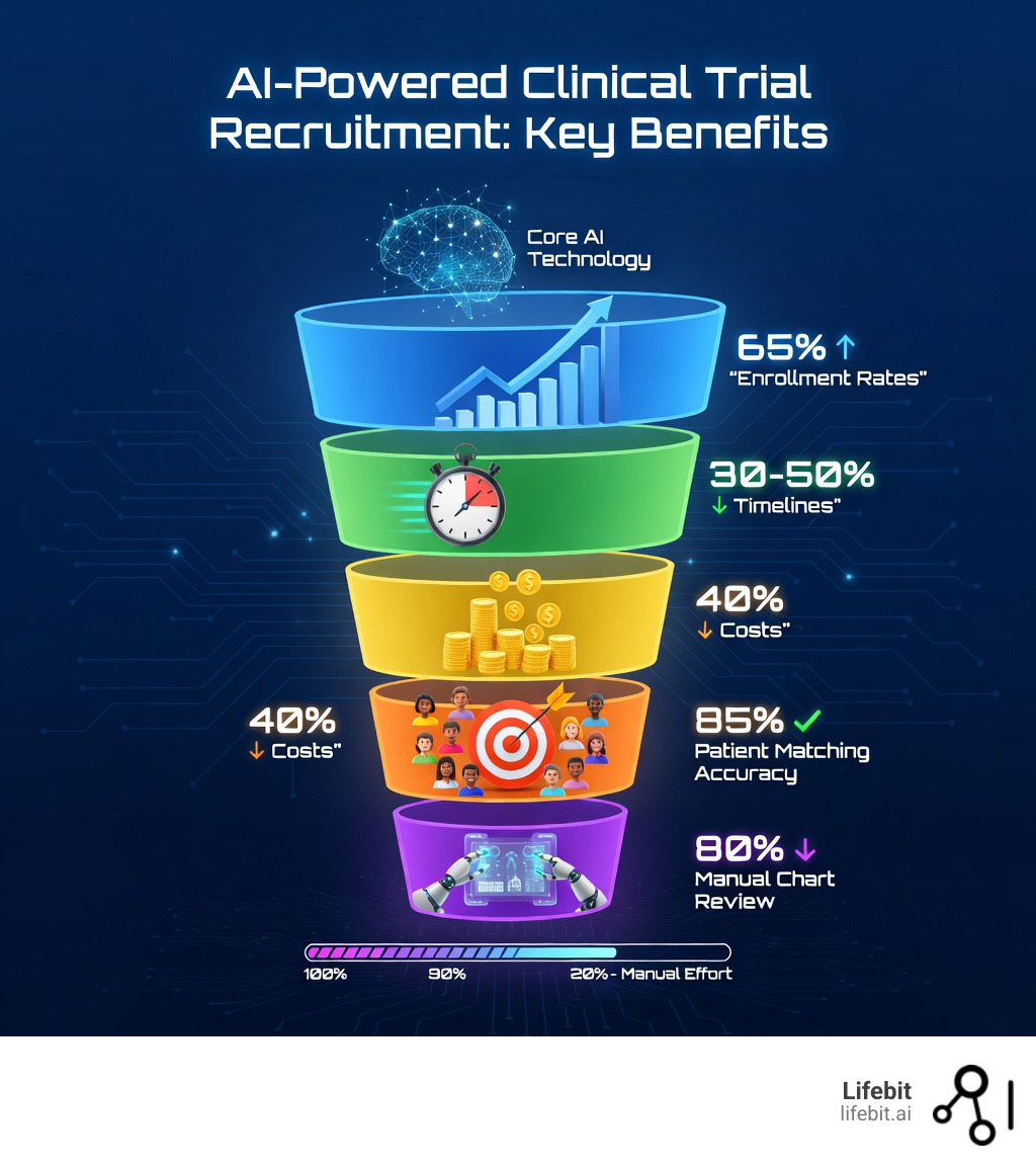 Infographic showing AI clinical trial recruitment benefits: 65% improvement in enrollment rates, 30-50% faster timelines, 40% cost reduction, 85% accuracy in patient matching, and 80% reduction in manual chart review time - ai clinical trial recruitment infographic Infographic showing AI clinical trial recruitment benefits: 65% improvement in enrollment rates, 30-50% faster timelines, 40% cost reduction, 85% accuracy in patient matching, and 80% reduction in manual chart review time - ai clinical trial recruitment infographic