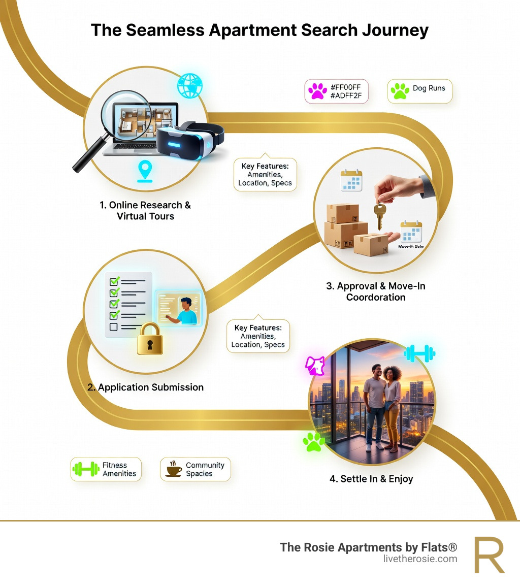 infographic showing the apartment search journey from online research and virtual tours through application submission and move-in coordination, with icons for key features like amenities, location proximity, and unit specifications - skyline apartment for rent infographic 