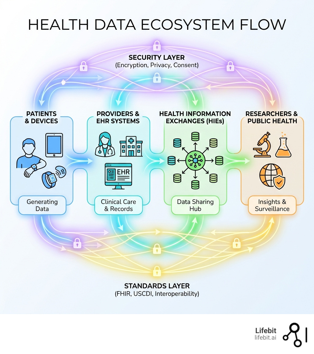 Infographic showing the flow of health data through the ecosystem: from patients and devices generating data, through providers and EHR systems, to health information exchanges, then to researchers and public health agencies, with security and standards layers throughout - health data ecosystem infographic 