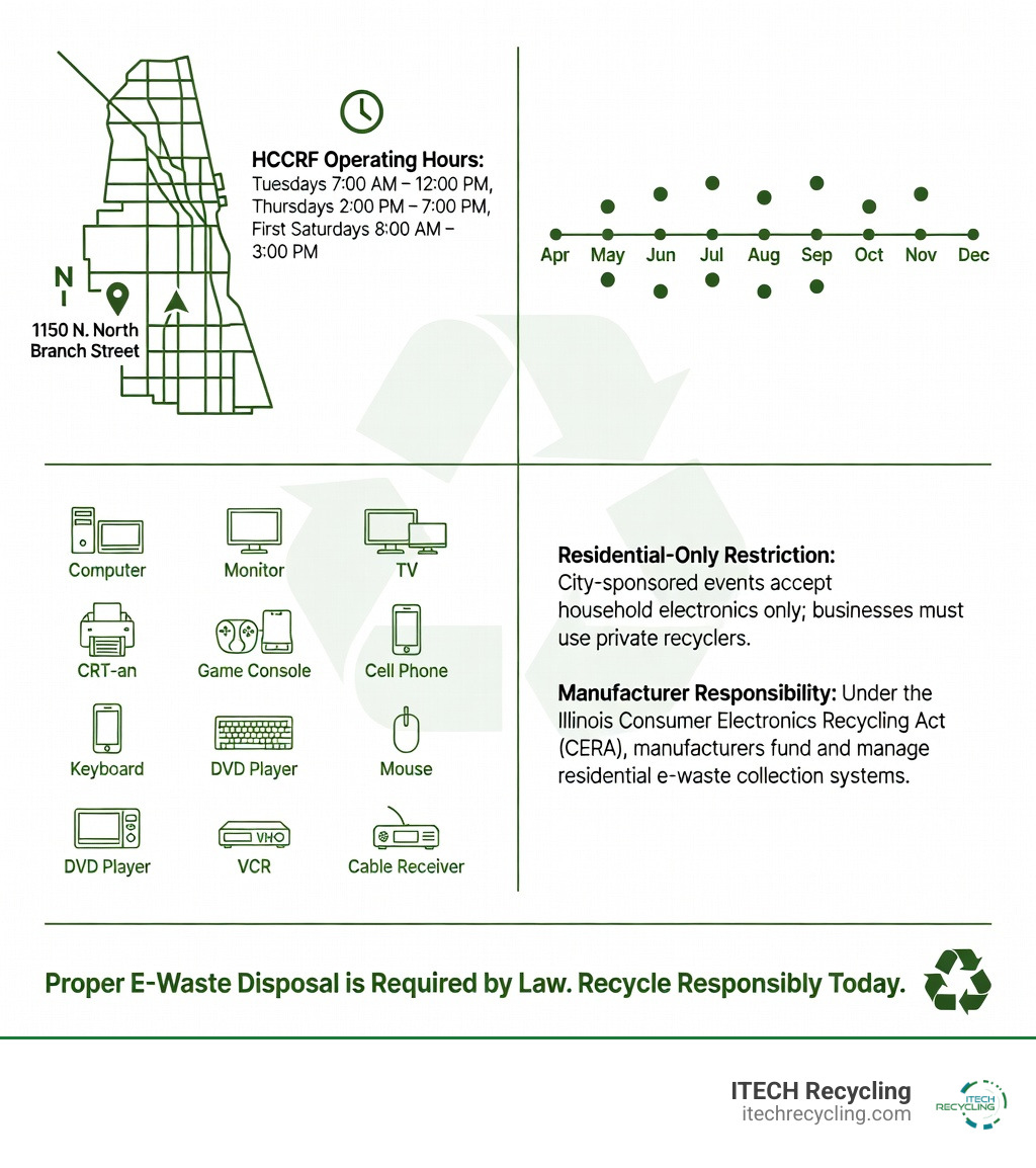 infographic showing the 2023 chicago electronics recycling program structure including the HCCRF year-round facility location and hours, seasonal drop-off events from April to December, list of accepted electronic devices like computers monitors TVs printers and game consoles, residential-only restriction for city events, and manufacturer responsibility under the Consumer Electronics Recycling Act - chicago electronics recycling 2023 infographic 