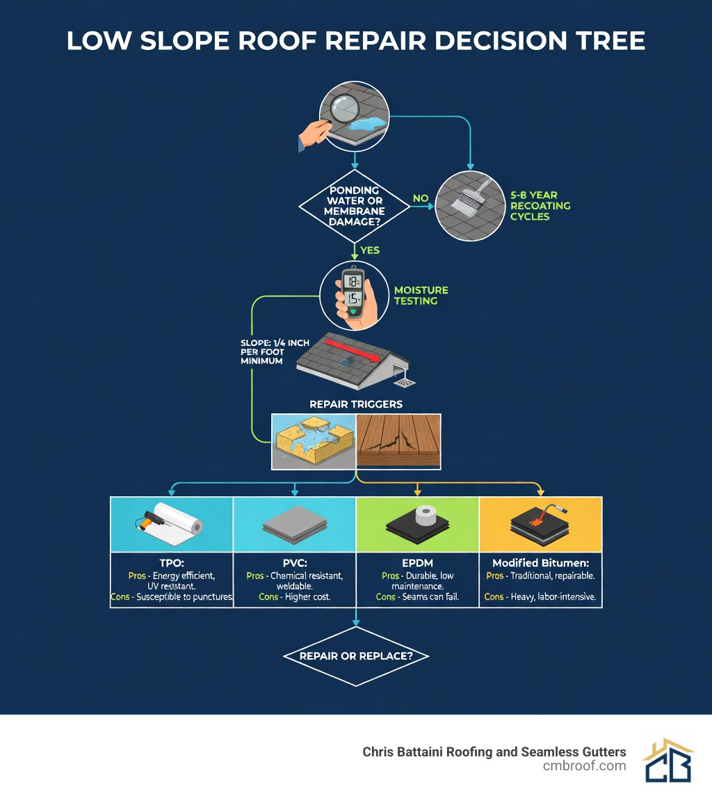 Infographic showing low slope roof repair decision tree: starting with inspection for ponding water and membrane damage, followed by moisture testing (wood below 20%, drywall below 2%), assessment of drainage slope (minimum 1/4 inch per foot), evaluation of repair triggers including wet insulation and deteriorated deck, material selection comparison between TPO/PVC/EPDM/modified bitumen with pros and cons, and ending with maintenance schedule showing 5-8 year recoating cycles - low slope roof repair infographic 