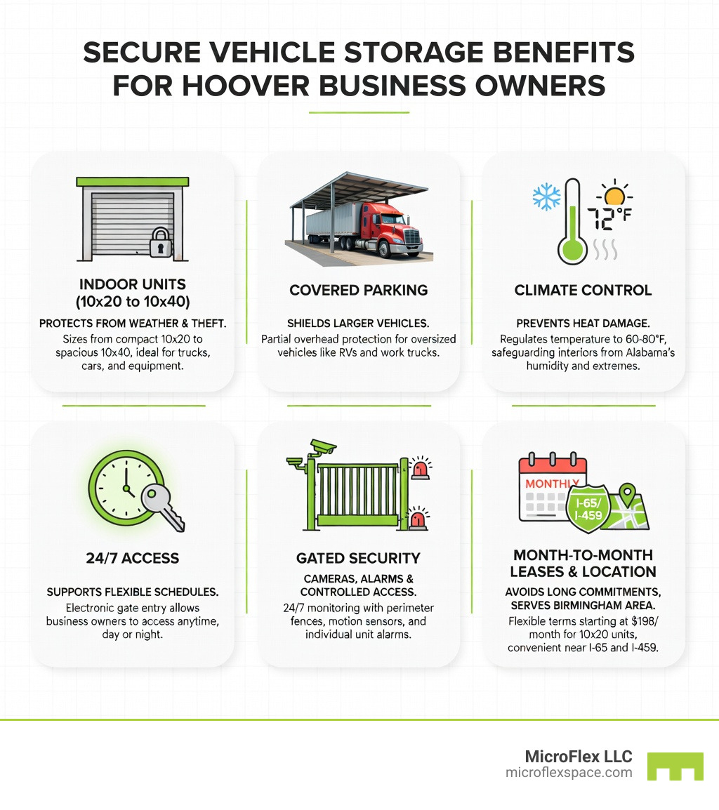 Infographic showing secure vehicle storage benefits for Hoover business owners: Indoor units protect from weather and theft with 10x20 to 10x40 sizes, covered parking shields larger vehicles, climate control prevents heat damage, 24/7 access supports flexible schedules, gated security includes cameras and alarms, month-to-month leases avoid long commitments, and convenient I-65 and I-459 access serves Birmingham area businesses - secure vehicle storage Hoover infographic Infographic showing secure vehicle storage benefits for Hoover business owners: Indoor units protect from weather and theft with 10x20 to 10x40 sizes, covered parking shields larger vehicles, climate control prevents heat damage, 24/7 access supports flexible schedules, gated security includes cameras and alarms, month-to-month leases avoid long commitments, and convenient I-65 and I-459 access serves Birmingham area businesses - secure vehicle storage Hoover infographic