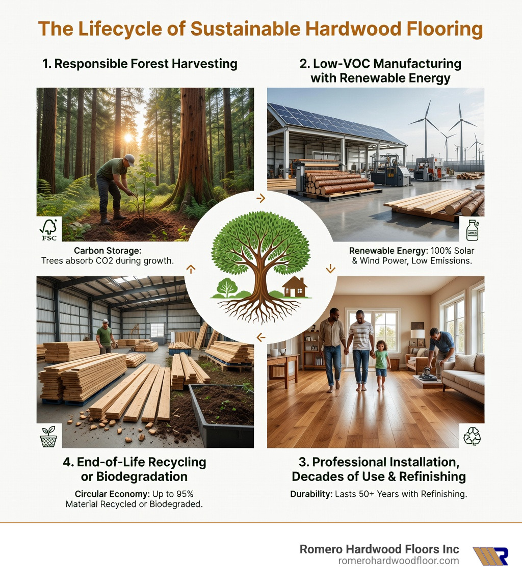 Infographic showing the lifecycle of sustainable hardwood flooring from responsible forest harvesting through FSC certification, low-VOC manufacturing with renewable energy, professional installation, decades of use with refinishing potential, and end-of-life recycling or biodegradation—highlighting carbon storage, waste reduction, and circular economy benefits at each stage - Sustainable flooring companies infographic 
