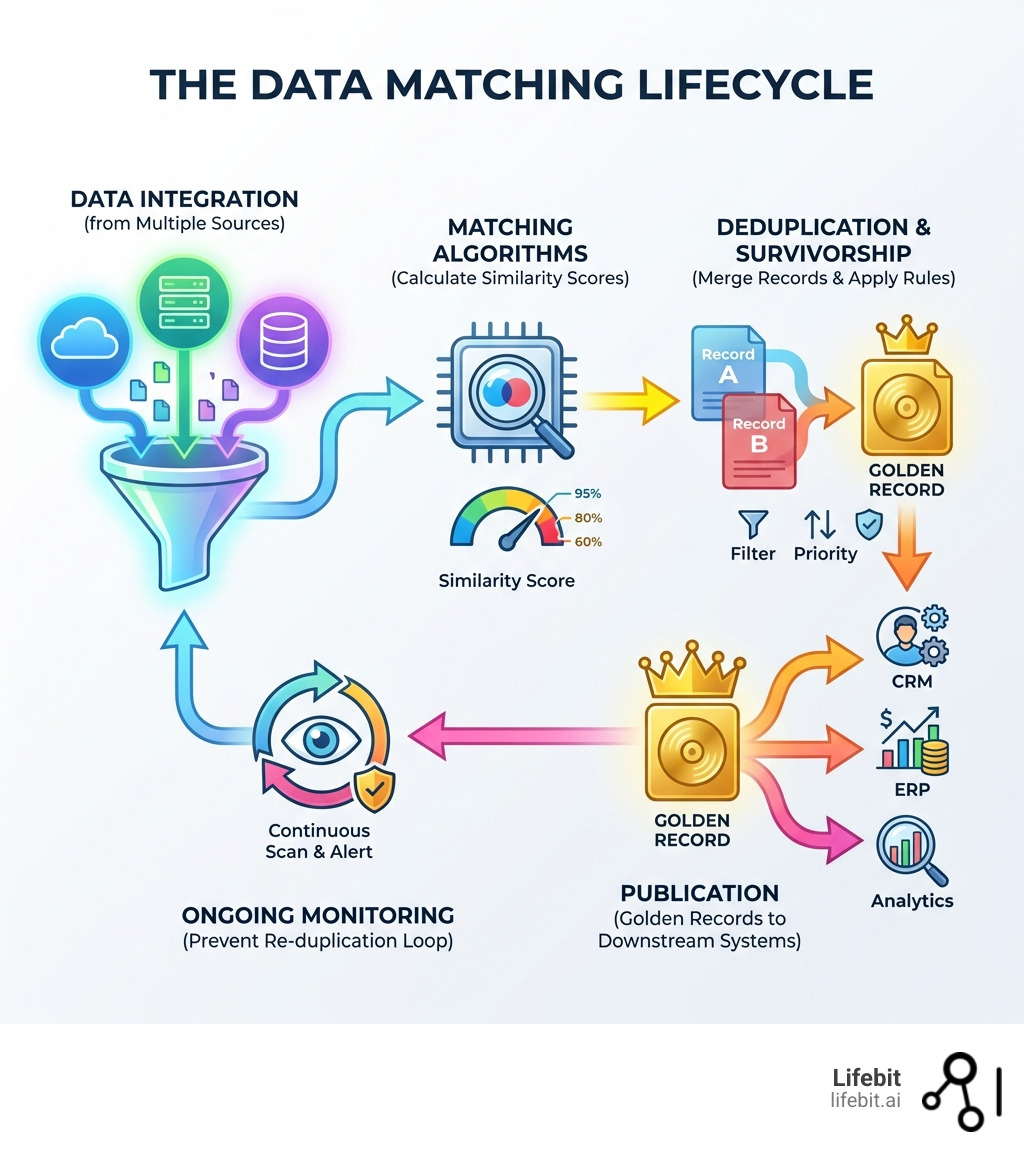 infographic showing the data matching lifecycle: data integration from multiple sources, matching algorithms applied to calculate similarity scores, deduplication and survivorship rules to merge records, publication of golden records to downstream systems, and ongoing monitoring to prevent re-duplication - data matching software and services infographic 