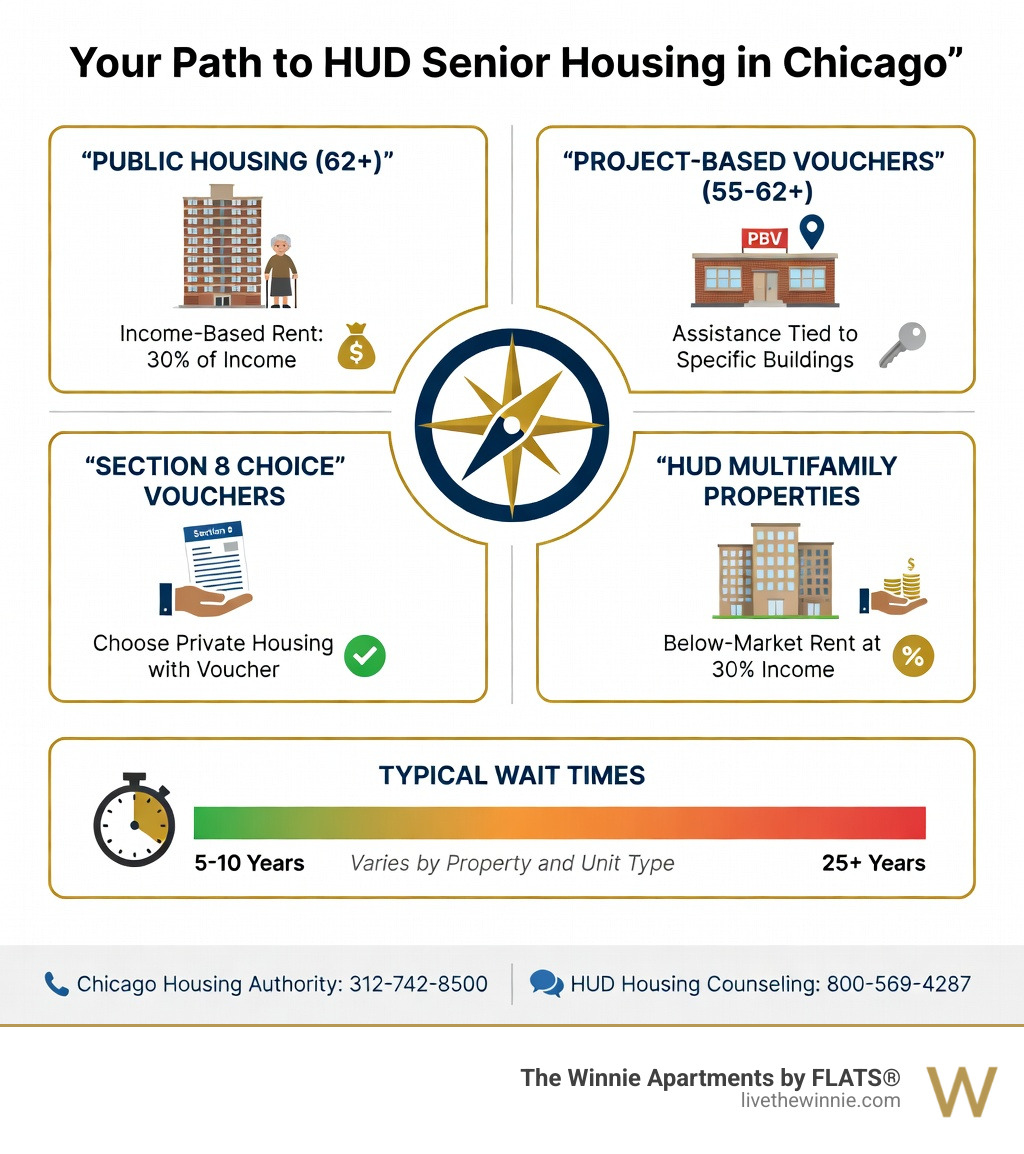 Infographic showing HUD senior housing Chicago programs: Public Housing for 62+, Project-Based Vouchers for 55-62+, Section 8 Choice Vouchers, and HUD Multifamily properties with rent at 30% of income, contact numbers for CHA and housing counselors, and typical wait times of 5-25+ years - hud senior housing chicago infographic 