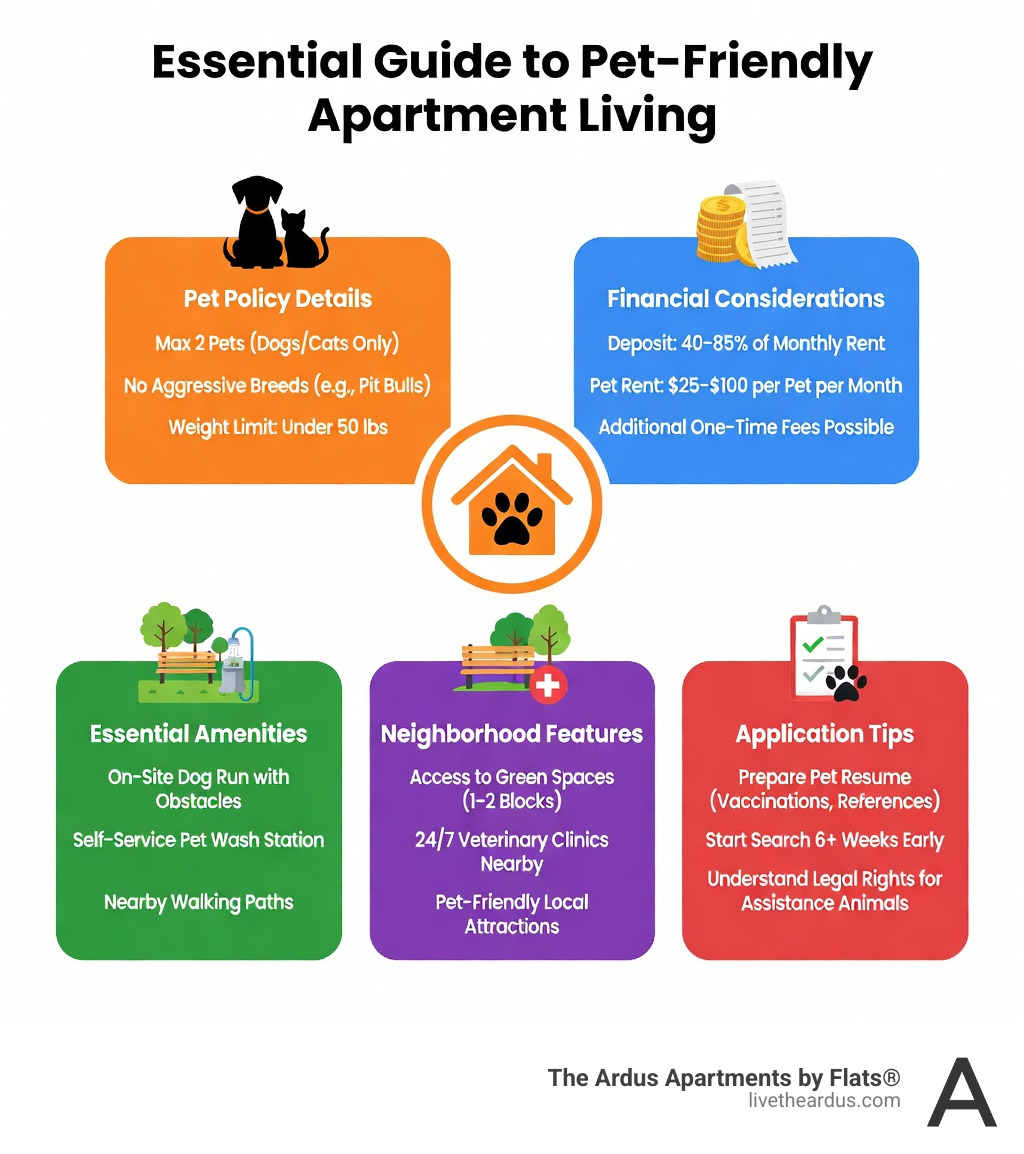 Infographic showing the key components of pet-friendly apartment living: pet policy details including two-pet limits and breed restrictions, financial considerations with deposit ranges and monthly pet rent, essential amenities like dog parks and wash stations, neighborhood features including green spaces and veterinary access, and application tips such as pet resumes and early search timing - Pet friendly apartment buildings infographic 
