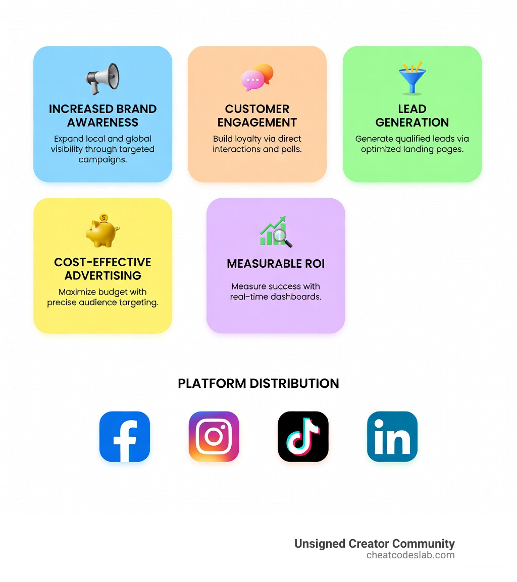 infographic showing key benefits of social media marketing for small businesses including increased brand awareness, customer engagement, lead generation, cost-effective advertising, and measurable ROI with platform distribution across Facebook Instagram TikTok and LinkedIn - best social media marketing companies for small business infographic 