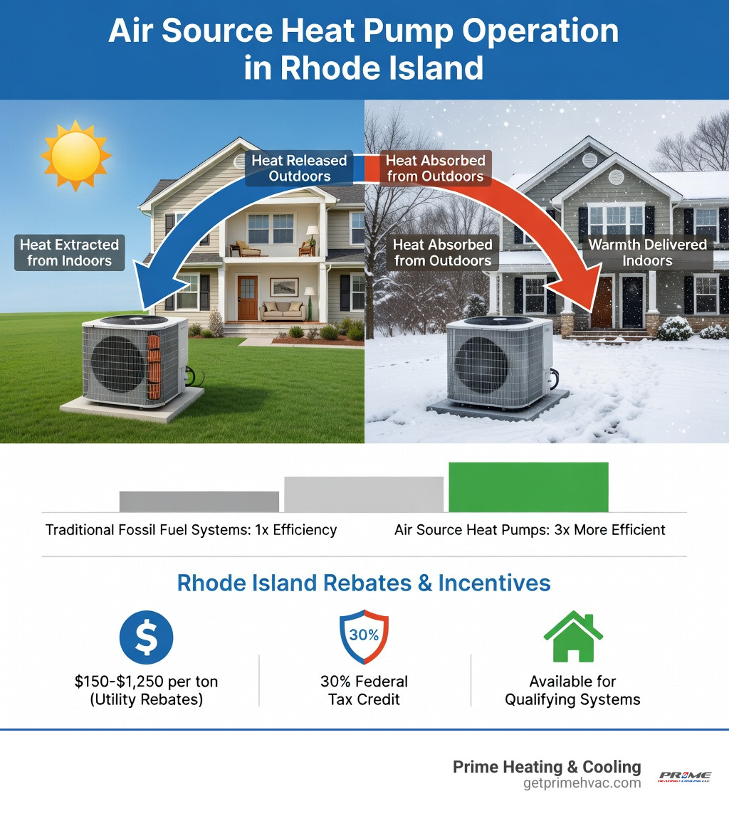 infographic showing air source heat pump operation in summer cooling mode with outdoor unit extracting indoor heat and releasing it outside, and winter heating mode with the process reversed, including efficiency ratings of 3x more efficient than fossil fuel systems, and available Rhode Island rebates from $150-$1,250 per ton plus 30% federal tax credit - rhode island air conditioning infographic 