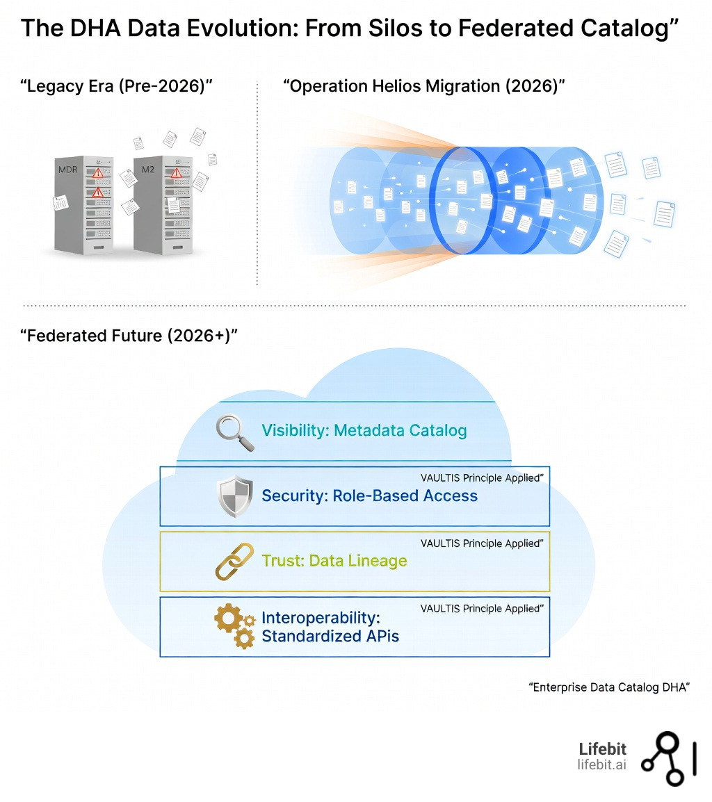 Infographic showing the evolution from legacy siloed data warehouses (MDR, M2) through Operation Helios migration to the federated enterprise data catalog architecture, with VAULTIS principles mapped to each layer: metadata catalog for Visibility, role-based access for Security, data lineage for Trust, and standardized APIs for Interoperability - enterprise data catalog dha infographic 