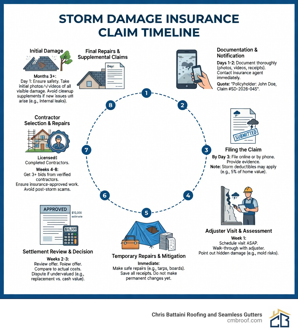 infographic showing the complete storm damage insurance claim timeline from initial damage through documentation, filing, adjuster visit, temporary repairs, settlement review, contractor selection, final repairs, and supplemental claims with typical timeframes and key action items for each phase - Storm Damage & Insurance Claims infographic 