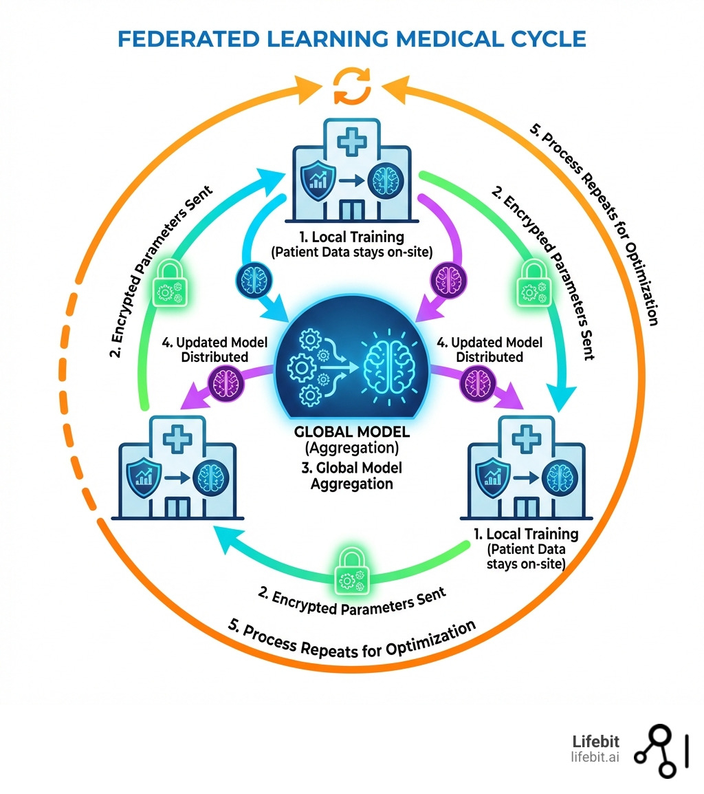 Infographic showing the federated learning cycle: Step 1 - Local training on patient data at each hospital; Step 2 - Encrypted model parameters sent to central server; Step 3 - Global model aggregated from all sites; Step 4 - Updated model distributed back to hospitals; Step 5 - Process repeats until optimal performance achieved - Federated learning medical infographic 