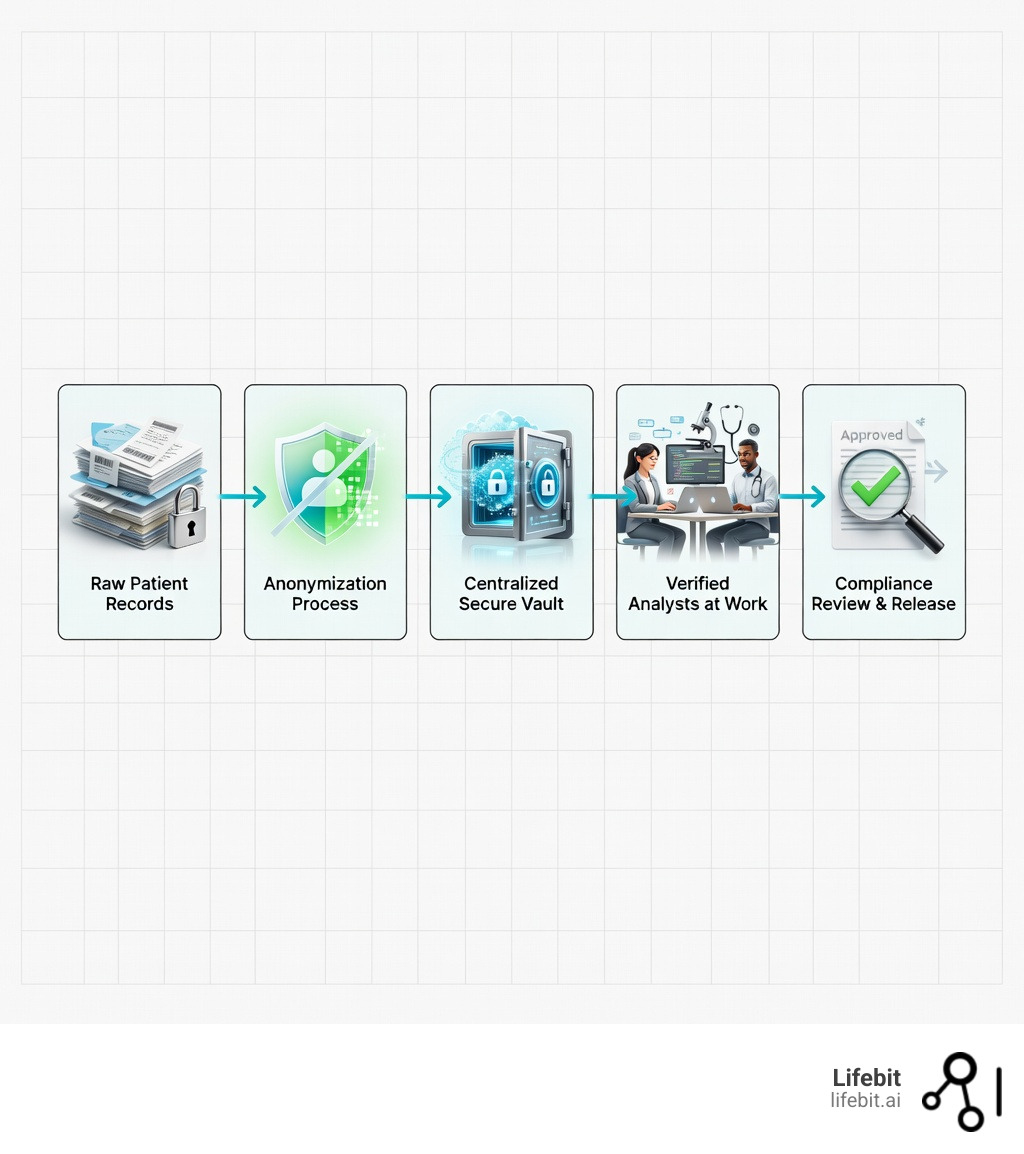 Infographic showing the flow from patient data through de-identification to secure data environment, then to approved researchers who analyze data without copying it, with outputs checked before release - Secure data environment infographic 