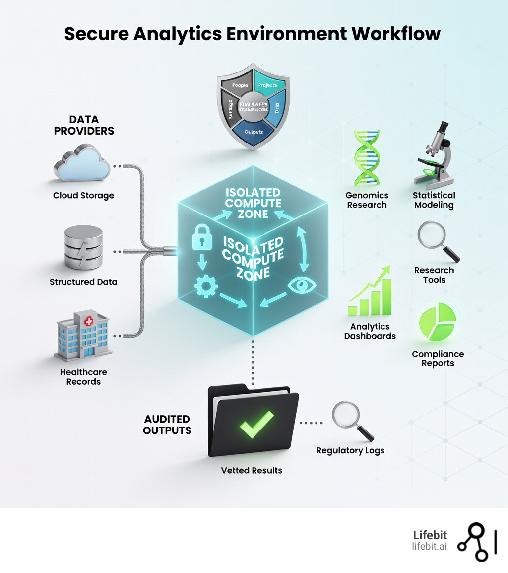 Secure analytics environment workflow showing data providers, isolated compute, approved tools, and audited outputs - Secure analytics environment infographic Secure analytics environment workflow showing data providers, isolated compute, approved tools, and audited outputs - Secure analytics environment infographic