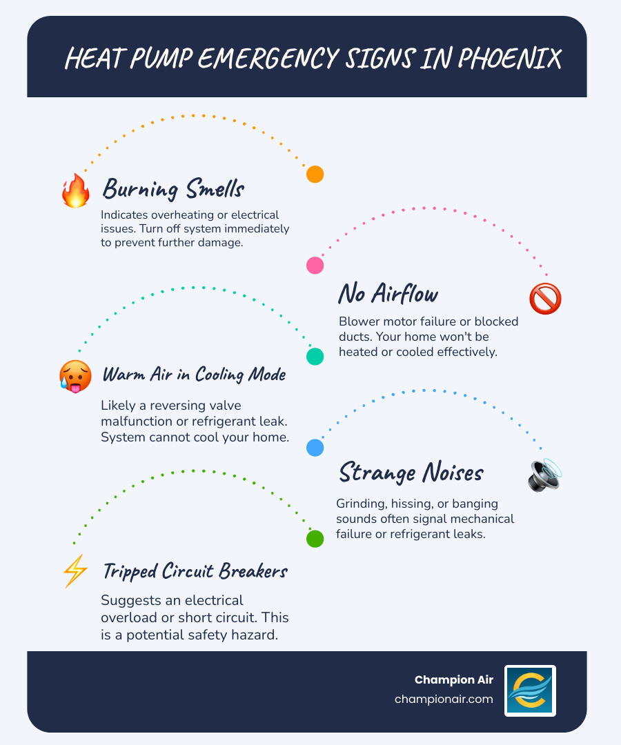 infographic showing heat pump emergency signs including no airflow, warm air in cooling mode, burning smells, frozen coils, strange noises, and high energy bills, with recommended immediate actions for each scenario - heat pump repair 24 hour in phoenix, az infographic infographic-line-5-steps-blues-accent_colors