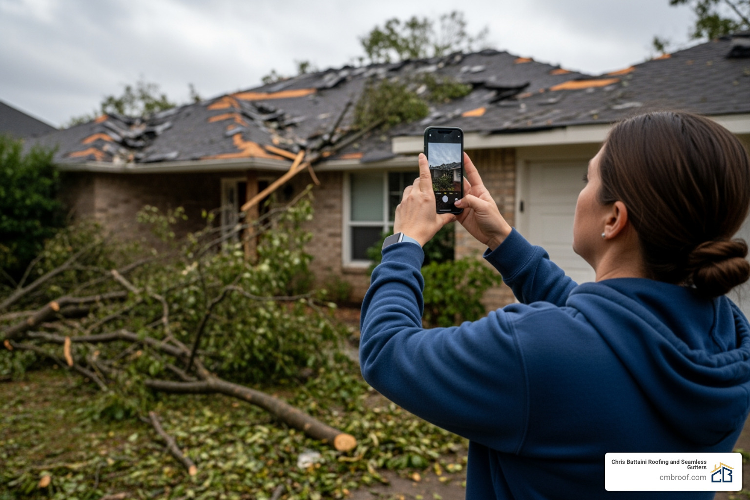 homeowner taking photos of roof damage - Storm Damage & Insurance Claims