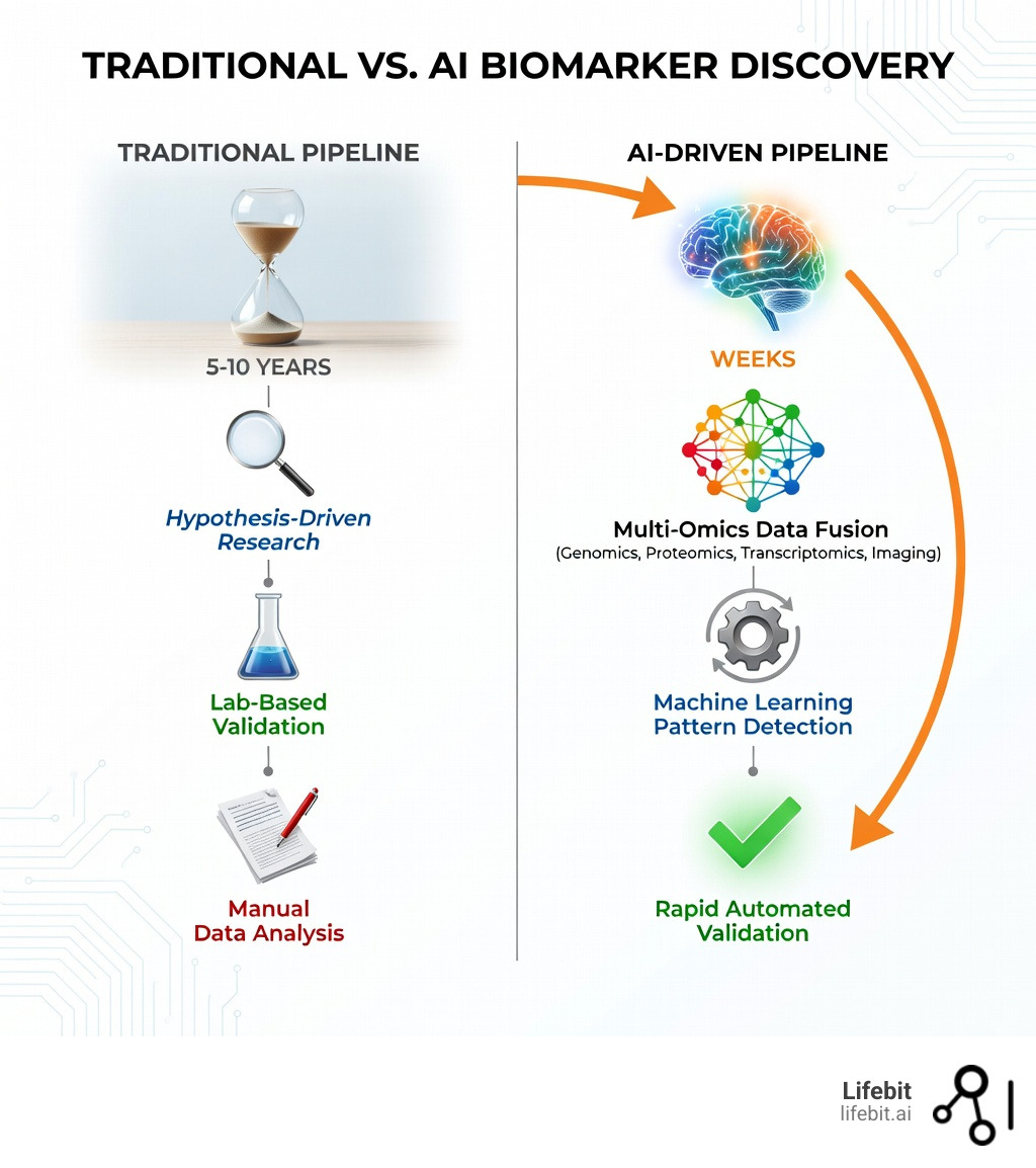 Infographic comparing traditional biomarker discovery pipeline requiring years of hypothesis-driven experiments versus AI-driven pipeline using multi-omics data integration, machine learning pattern recognition, and automated validation to identify biomarkers in weeks - ai biomarker discovery infographic Infographic comparing traditional biomarker discovery pipeline requiring years of hypothesis-driven experiments versus AI-driven pipeline using multi-omics data integration, machine learning pattern recognition, and automated validation to identify biomarkers in weeks - ai biomarker discovery infographic