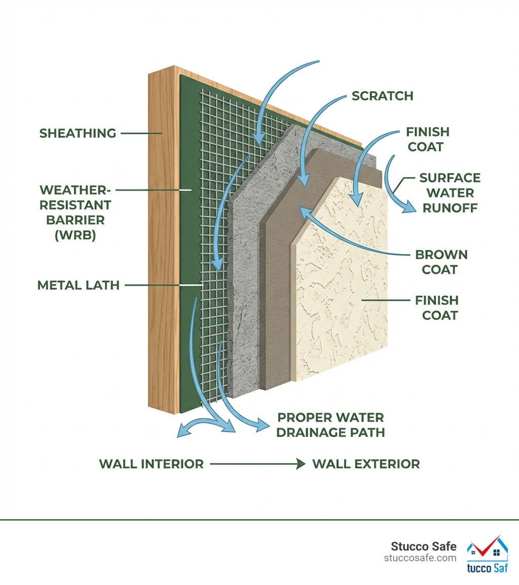 infographic showing the layers of a traditional stucco system including sheathing, weather-resistant barrier, metal lath, scratch coat, brown coat, and finish coat with arrows indicating proper water drainage paths - stucco problems infographic infographic showing the layers of a traditional stucco system including sheathing, weather-resistant barrier, metal lath, scratch coat, brown coat, and finish coat with arrows indicating proper water drainage paths - stucco problems infographic