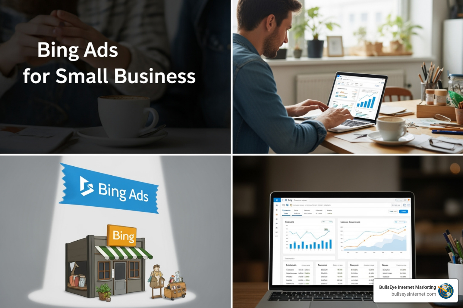 targeting dashboard showing location, age, and device settings - Bing Ads for small business Bing Ads for small business marketing, professional analyzing data on laptop, coffee cup on desk, targeted advertising insights.