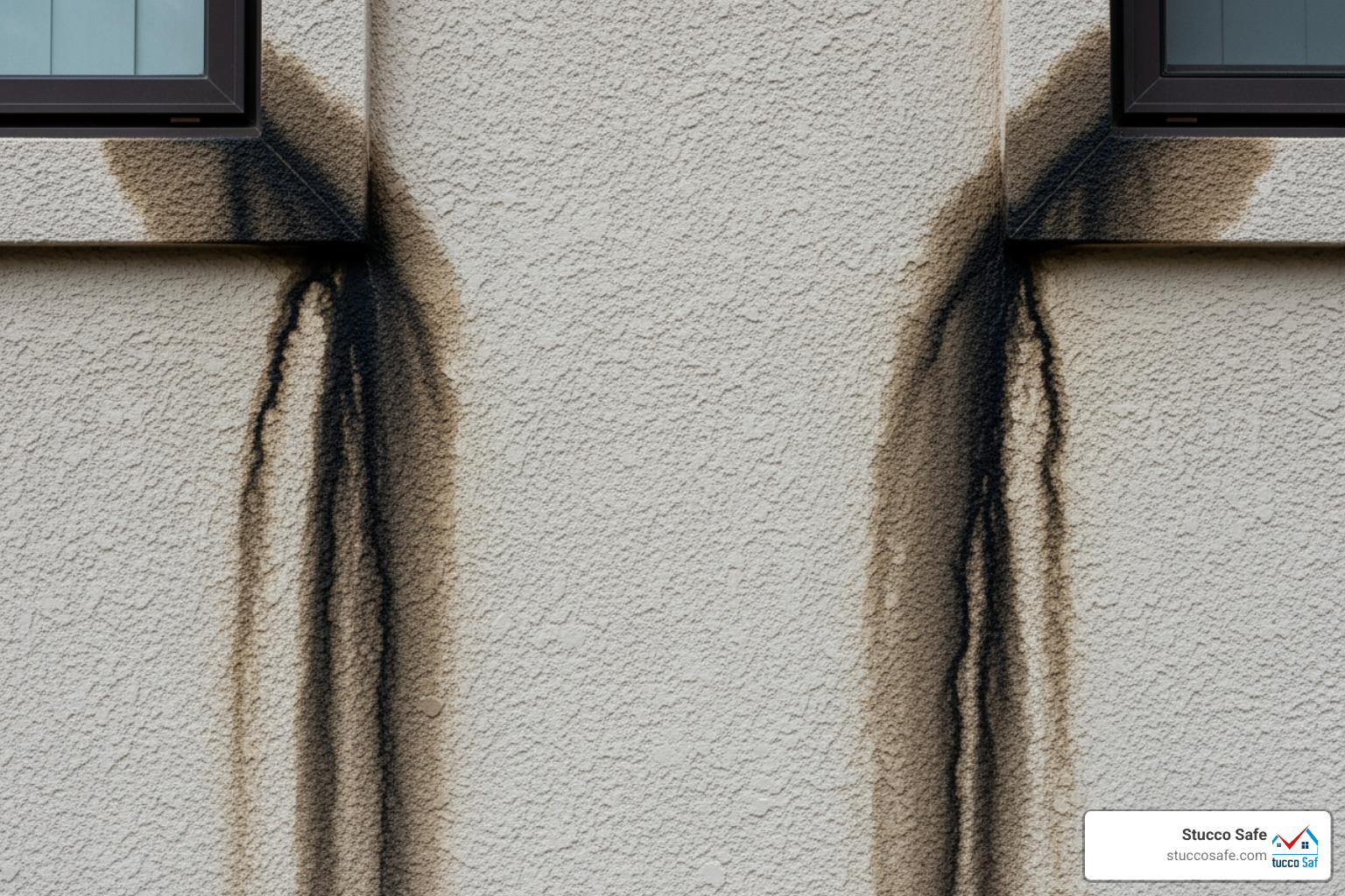 water staining and dark streaks on a stucco wall near a window frame - stucco problems water staining and dark streaks on a stucco wall near a window frame - stucco problems