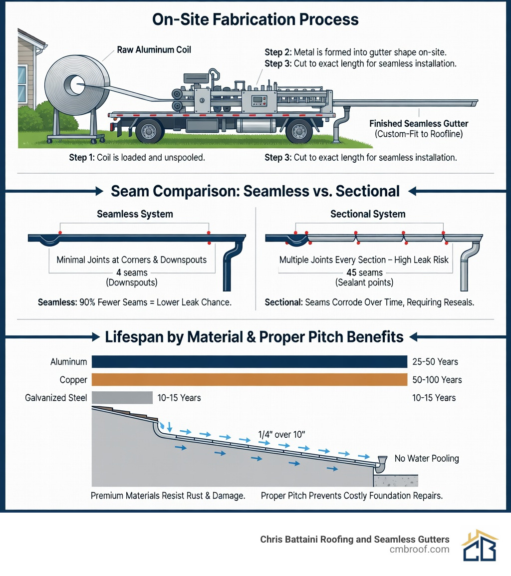 infographic showing how seamless gutters are fabricated on-site from a single coil, with comparison of seam counts between seamless and sectional systems, typical lifespan by material, and how proper pitch directs water away from foundation - Best seamless gutters infographic infographic showing how seamless gutters are fabricated on-site from a single coil, with comparison of seam counts between seamless and sectional systems, typical lifespan by material, and how proper pitch directs water away from foundation - Best seamless gutters infographic