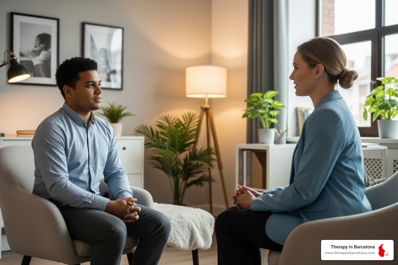 Warm conversation between therapist and international client - plissit model