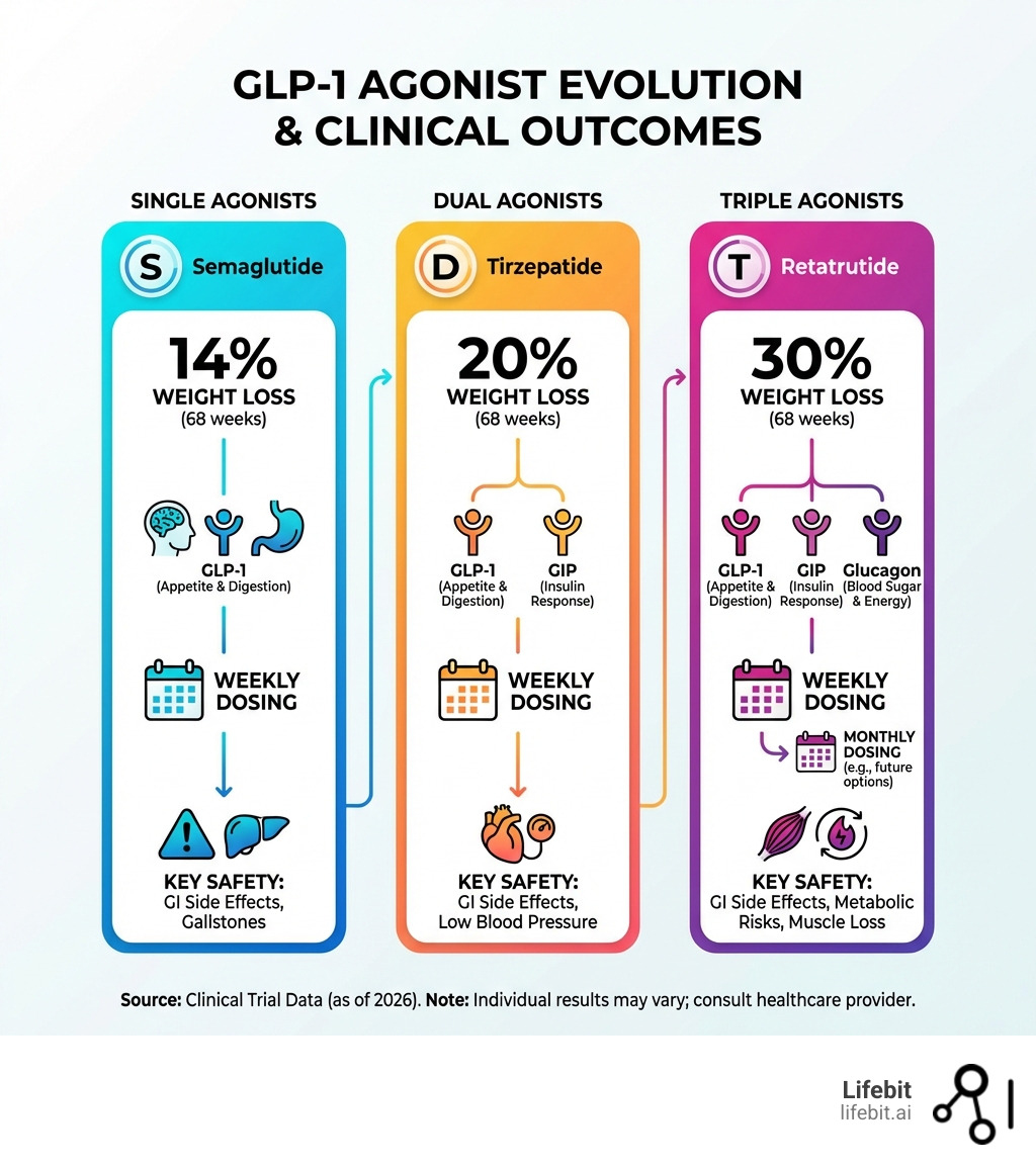 Infographic showing the evolution of GLP-1 receptor agonists from single-target drugs (semaglutide, 14% weight loss) to dual agonists (tirzepatide, 20% weight loss) to triple agonists (retatrutide, 30% weight loss), with mechanism of action for GLP-1, GIP, and glucagon receptors, dosing schedules from weekly to monthly, and key safety considerations including gastrointestinal side effects and metabolic risks - glp-1 clinical trials infographic 