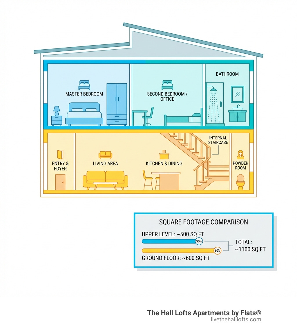 infographic showing cross-section view of a two-story apartment layout with labeled areas including ground floor living spaces, internal staircase, and upper level bedrooms with square footage comparison - 2 story apartments infographic 