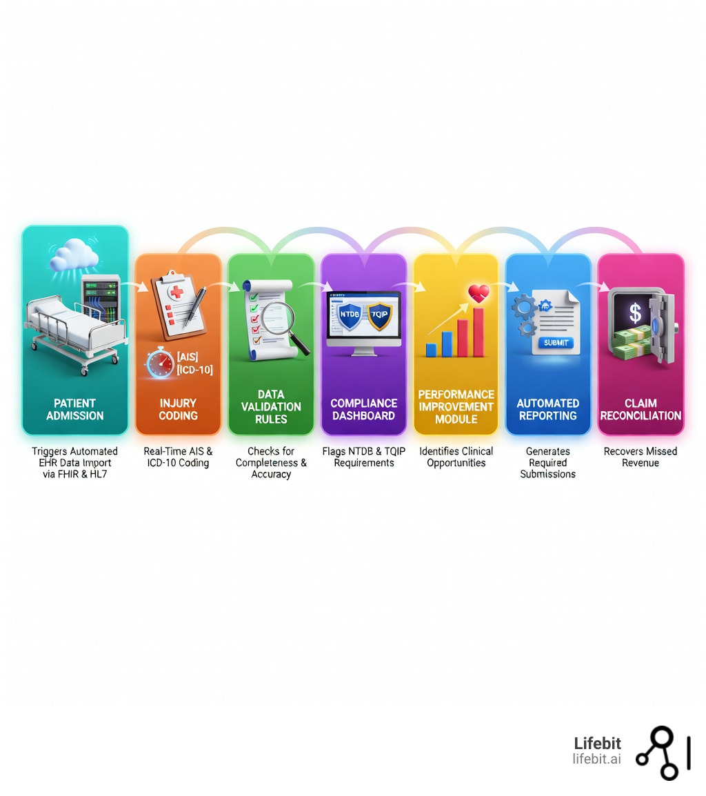 Infographic showing the trauma registry software workflow: patient admission triggers automated EHR data import via FHIR and HL7, injury coding with AIS and ICD-10 happens in real-time, data validation rules check for completeness and accuracy, compliance dashboard flags NTDB and TQIP requirements, performance improvement module identifies clinical opportunities, automated reporting generates required submissions, and claim reconciliation recovers missed revenue - trauma registry software infographic 