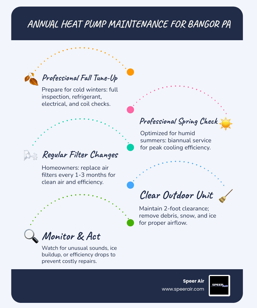 infographic showing annual heat pump maintenance schedule with fall and spring service tasks, homeowner monthly filter changes, outdoor unit clearing, and professional inspection checklist including refrigerant levels, electrical connections, and coil cleaning - heat pump maintenance in bangor pa infographic infographic-line-5-steps-blues-accent_colors infographic showing annual heat pump maintenance schedule with fall and spring service tasks, homeowner monthly filter changes, outdoor unit clearing, and professional inspection checklist including refrigerant levels, electrical connections, and coil cleaning - heat pump maintenance in bangor pa infographic infographic-line-5-steps-blues-accent_colors