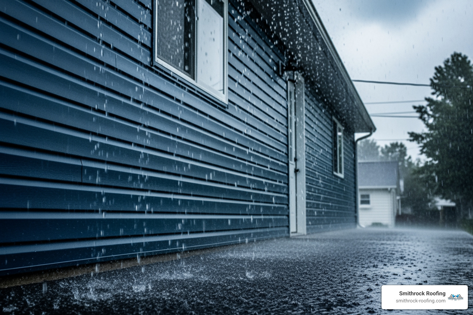 photorealistic image of a house with dark blue vinyl siding during a heavy rainstorm with water beads rolling off the surface and no signs of saturation or damage - vinyl siding options styles photorealistic image of a house with dark blue vinyl siding during a heavy rainstorm with water beads rolling off the surface and no signs of saturation or damage - vinyl siding options styles