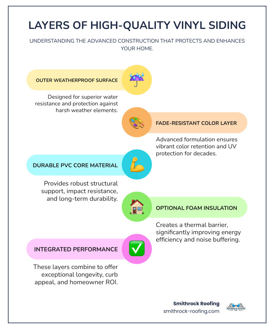 infographic showing vinyl siding layers including outer weatherproof surface, color coating layer, core PVC material, and optional foam insulation backing with labels for water resistance, UV protection, thermal barrier, and structural support - vinyl siding options styles infographic infographic-line-5-steps-colors infographic showing vinyl siding layers including outer weatherproof surface, color coating layer, core PVC material, and optional foam insulation backing with labels for water resistance, UV protection, thermal barrier, and structural support - vinyl siding options styles infographic infographic-line-5-steps-colors