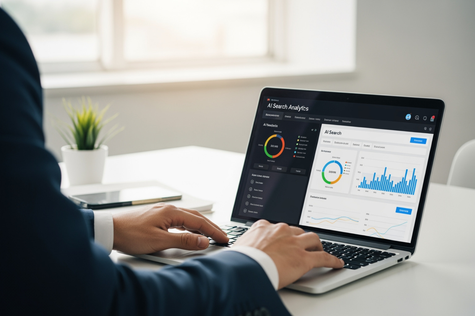 A professional reviewing AI search analytics dashboard.